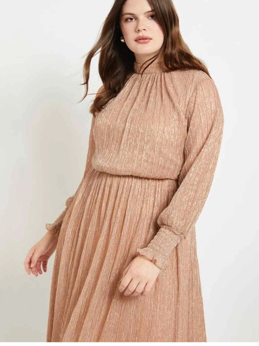 ELOQUII Rose Gold Metallic Plissé Shimmer Midi Autumn Wedding Guest Dress SZ 22 - Picture 14 of 15